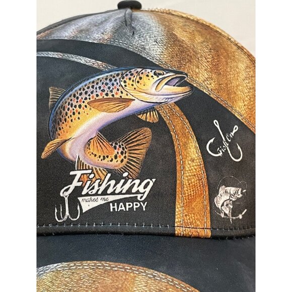 Fishing makes me happy hat cap 7 1/2" snap back brown - Picture 2 of 7